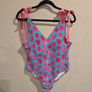 Posh Peanut Heart Print One-Piece Swimsuit w/ Tie Shoulders (XL)